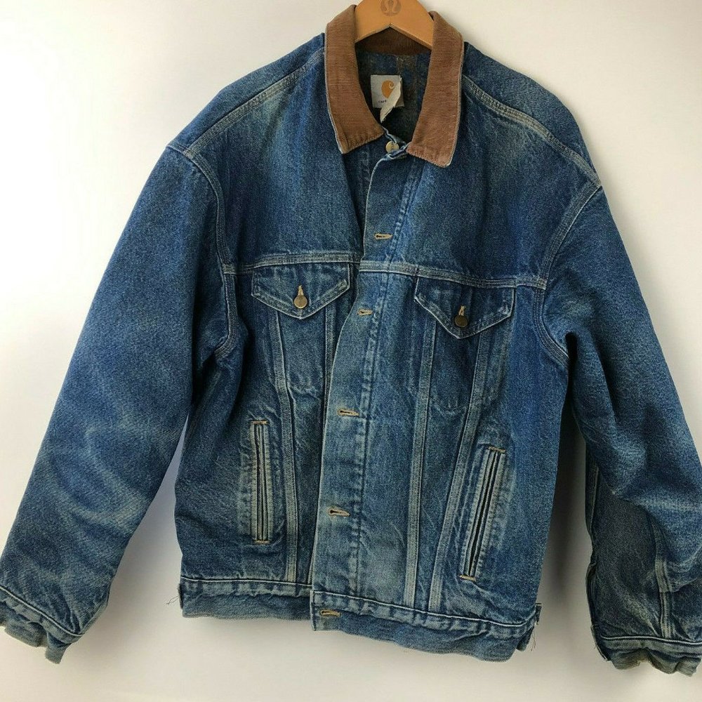 Vintage Carhartt Aztec Blanket Lined Denim Trucker Jacket USA Union Made X-Large